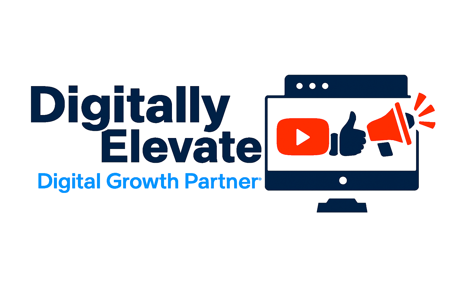 DigitallyElevate logo with bold dark blue text "Digitally Elevate" and tagline "Digital Growth Partner", featuring icons of a YouTube play button, thumbs-up, and megaphone on a computer screen symbolizing digital media, engagement, and marketing.